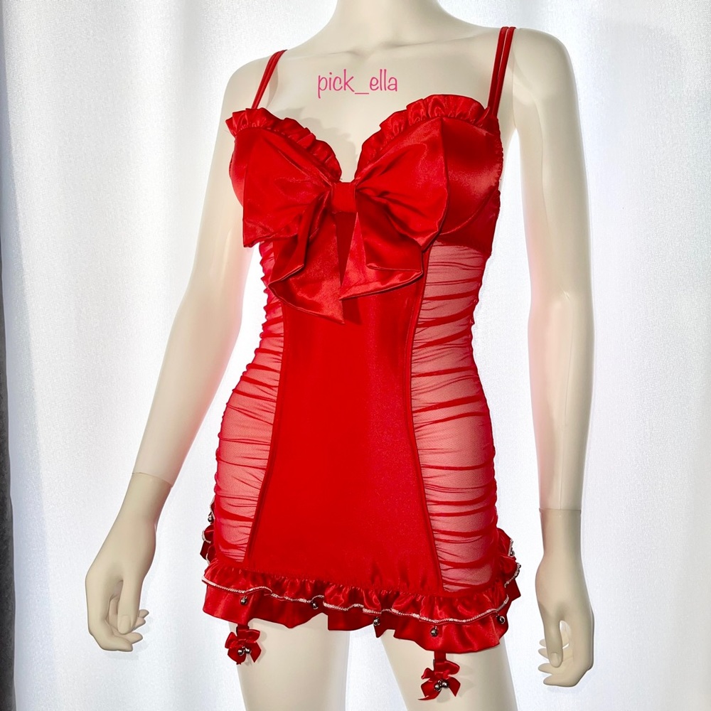 34B VS Victoria’s Secret Red Bow Babydoll Garter jingle bell nightie dress slip - Picture 12 of 16
